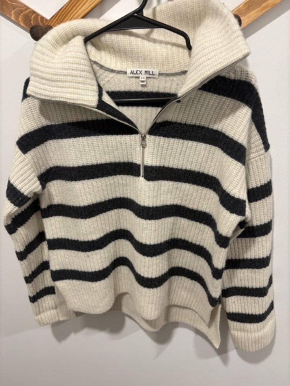 Alex Mill Felix Striped Merino Wool Half Zip Sweater Cream Charcoal XS - Picture 5 of 13